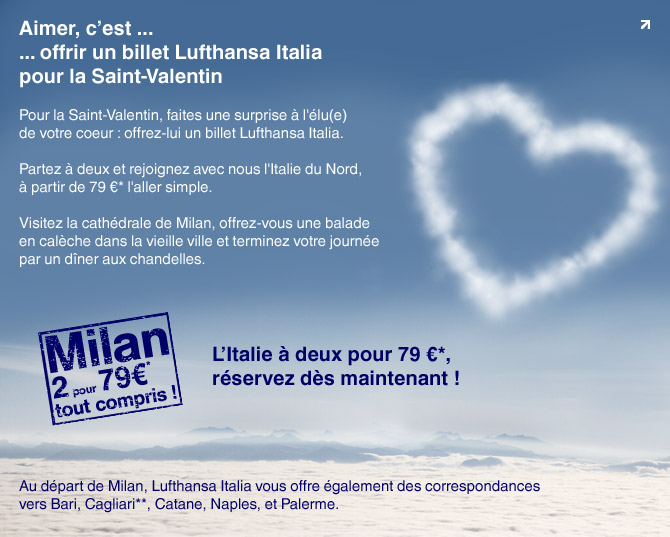 Pour la St-Valentin, réservez vite un vol pour l’Italie à deux avant vendredi minuit Cette offre n’est plus disponible. Pour ne plus ratez les bons plans inscrivez-vous maintenant au Flux RSS ou devenez Fan sur Facebook. MaJ: L’offre est maintenant disponible jusqu’à dimanche 30/01. J’en ai...